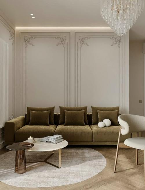 Кухня - гостиная с характером - оливковый диван, мрамор и хрусталь подчеркивают стиль, а шпон добавляет тепло и глубину. 05