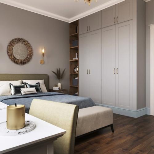 Интерьер спальни. Клиентка изначально не хотела шкаф в спальне и хотела ограничиться комодом, так как в квартире есть отдельная гареробная. 03