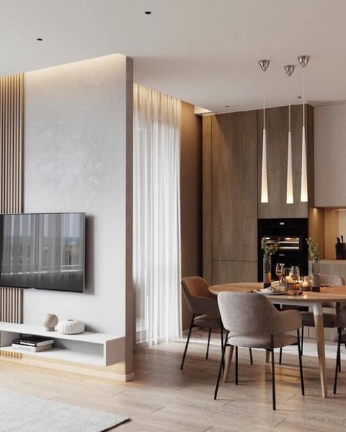 Приятная цветовая гамма интерьера кухни и гостиной. 01