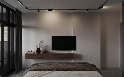 Спальня в ЖК Метропарк.   Клиенты захотели сделать комнату достаточно темной и минималистичной и поставить туда большую кровать. 03