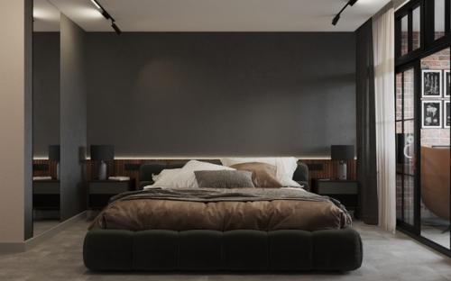 Спальня в ЖК Метропарк.   Клиенты захотели сделать комнату достаточно темной и минималистичной и поставить туда большую кровать. 01