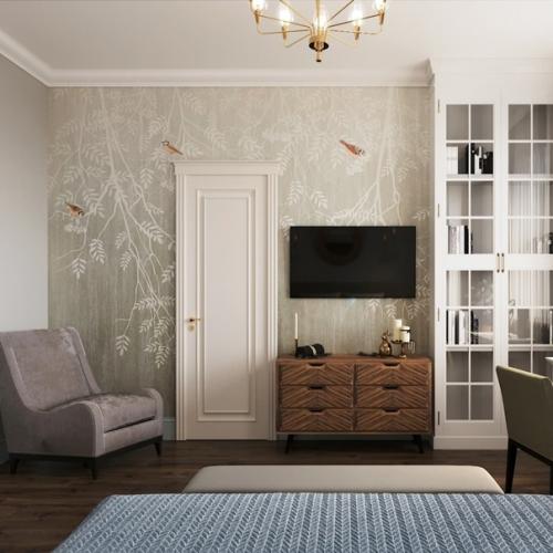 Интерьер спальни. Клиентка изначально не хотела шкаф в спальне и хотела ограничиться комодом, так как в квартире есть отдельная гареробная. 02