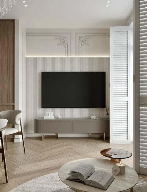 Кухня - гостиная с характером - оливковый диван, мрамор и хрусталь подчеркивают стиль, а шпон добавляет тепло и глубину. 06