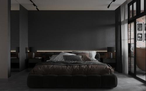 Спальня в ЖК Метропарк.   Клиенты захотели сделать комнату достаточно темной и минималистичной и поставить туда большую кровать. 02