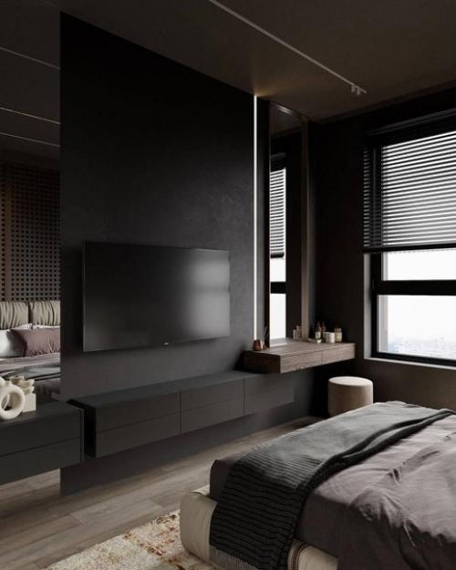 Современная спальня. В тёмных оттенках. 02