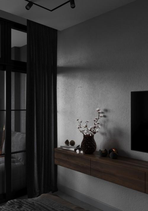 Спальня в ЖК Метропарк.   Клиенты захотели сделать комнату достаточно темной и минималистичной и поставить туда большую кровать. 04