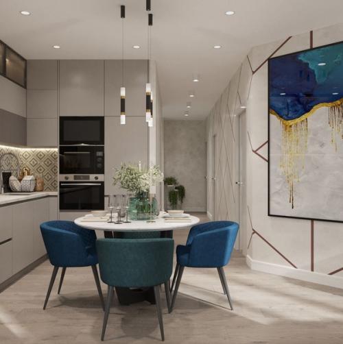 Интерьер кухни, объединенной с гостиной. 02