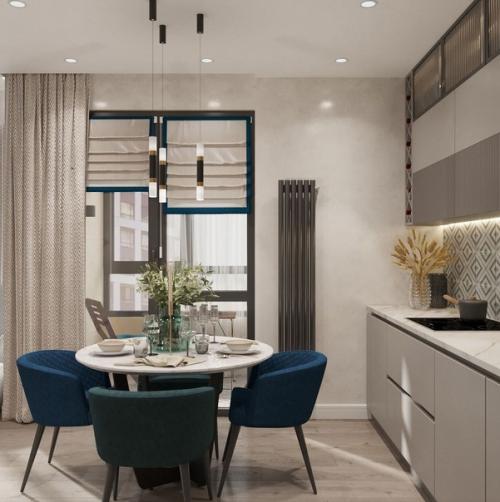 Интерьер кухни, объединенной с гостиной. 01