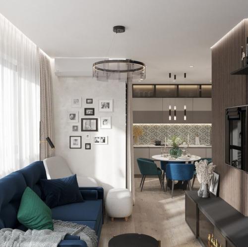 Интерьер кухни, объединенной с гостиной. 07