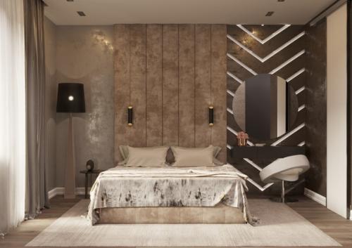 Теплый и современный интерьер спальни.