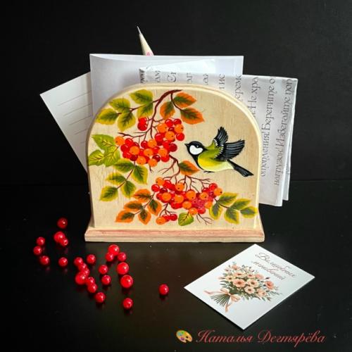 Салфетница, подставка для бумаг, авторучки, карандашница синички на рябине. 03