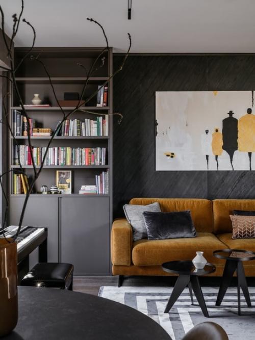 Реализованный интерьер темной квартиры с яркими акцентами в Москве. 04