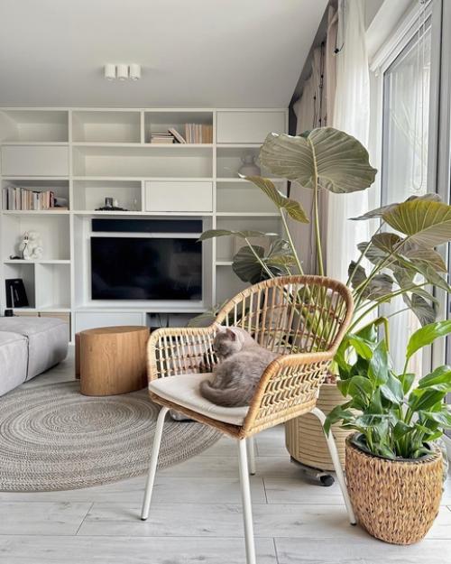 Уютная современная квартира с открытым балконом, зелеными растениями и плетеным декором. 02