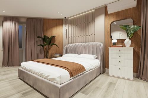 В этом проекте интерьера квартиры спальню мы разместили в помещении вытянутых пропорций, со сложными формами стен.  