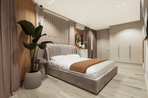 В этом проекте интерьера квартиры спальню мы разместили в помещении вытянутых пропорций, со сложными формами стен. 02