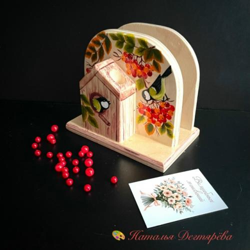 Салфетница, подставка для бумаг, авторучки, карандашница синички на рябине. 02