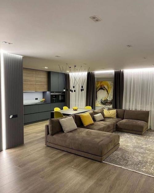 Интерьер кухни, совмещенной с гостиной. 01