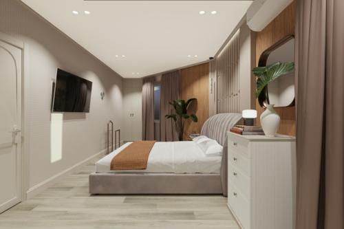 В этом проекте интерьера квартиры спальню мы разместили в помещении вытянутых пропорций, со сложными формами стен. 01