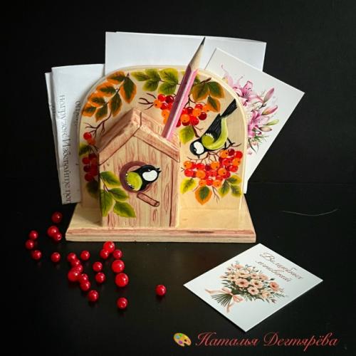 Салфетница, подставка для бумаг, авторучки, карандашница синички на рябине. 04