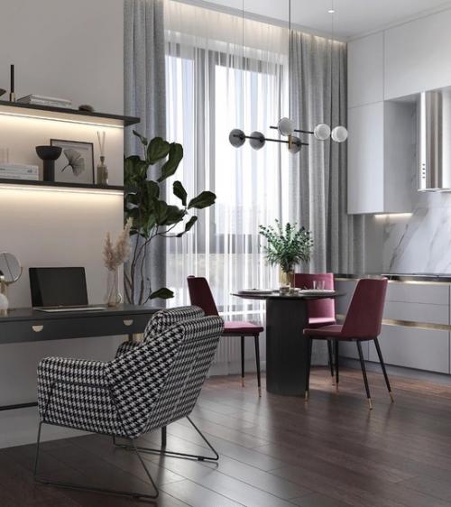 Кухня - гостиная в этом интерьере разбита на четыре зоны: зона готовки, обеденная группа, место для работы и уголок для отдыха. 03