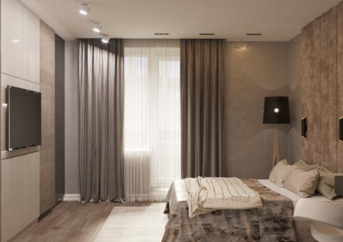 Теплый и современный интерьер спальни. 01