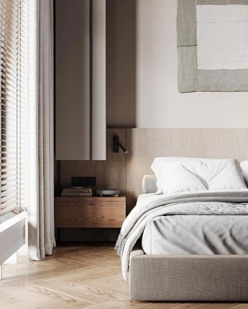 Дизайн - проект стильной и функциональной квартиры, где спальня зонирована от гостиной, а также есть небольшое рабочее место. 06