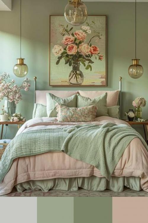 Светлые фисташковые оттенки и нежные розовые тона в интерьере создают неожиданно гармоничное и свежее сочетание.  