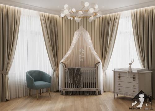 Спальня совмещенная с детской в современном стиле с классическими нотами. 03
