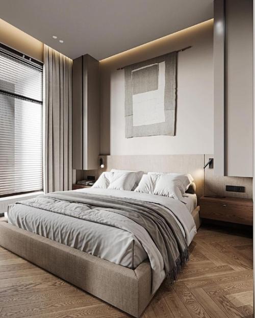 Дизайн - проект стильной и функциональной квартиры, где спальня зонирована от гостиной, а также есть небольшое рабочее место. 03