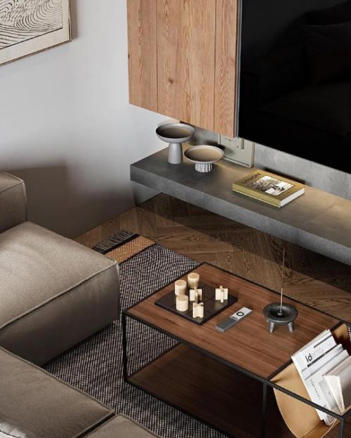 Дизайн - проект стильной и функциональной квартиры, где спальня зонирована от гостиной, а также есть небольшое рабочее место. 07