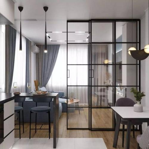 Кухня - гостиная с отличным решением по разделению зон. 02