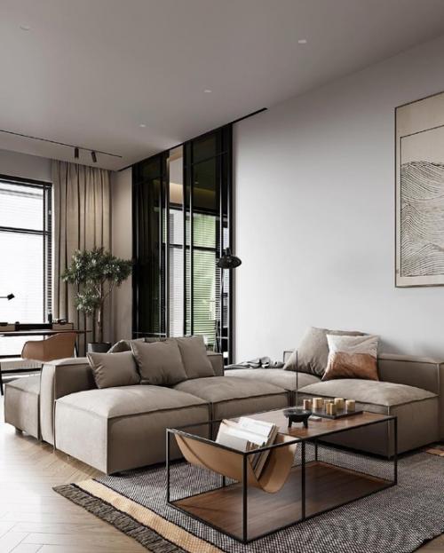 Дизайн - проект стильной и функциональной квартиры, где спальня зонирована от гостиной, а также есть небольшое рабочее место. 05