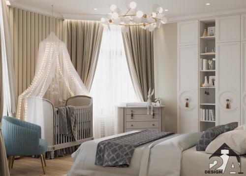 Спальня совмещенная с детской в современном стиле с классическими нотами. 04