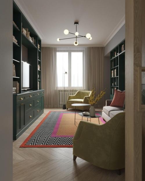 Зеленый цвет не часто можно встретить в интерьере квартир, обычно его заменяют Живой зеленью. 04