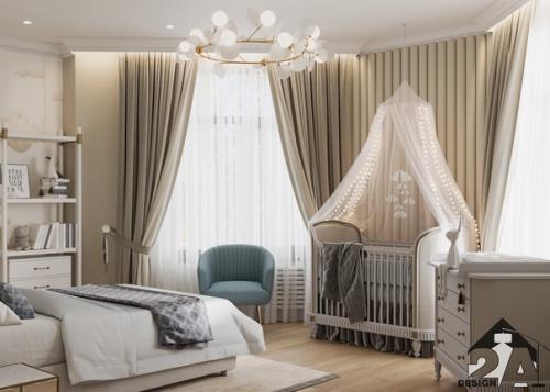 Спальня совмещенная с детской в современном стиле с классическими нотами. 02