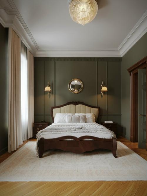 Интерьер спальни выполнен в элегантном классическом стил.  