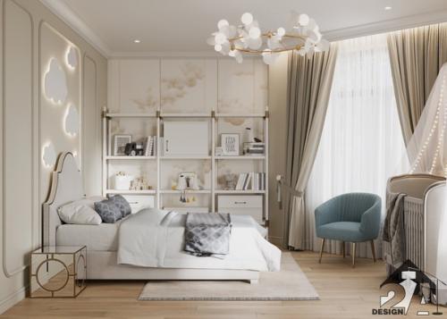 Спальня совмещенная с детской в современном стиле с классическими нотами. 01