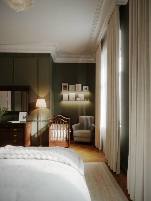 Интерьер спальни выполнен в элегантном классическом стил. 04