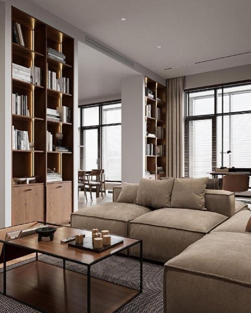 Дизайн - проект стильной и функциональной квартиры, где спальня зонирована от гостиной, а также есть небольшое рабочее место. 04