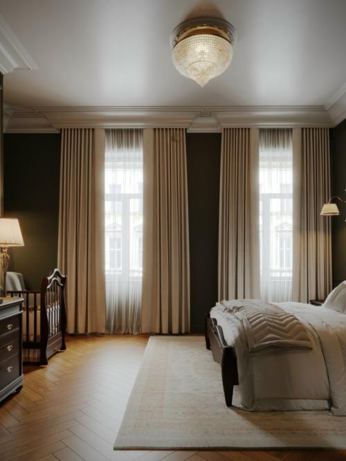 Интерьер спальни выполнен в элегантном классическом стил. 02