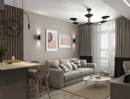 Современный монохромный интерьер кухни - гостиной в квартире для молодой семейной пары. 04