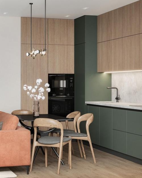 Кухня - гостиная.  Основная концепция проекта - отобразить природу в интерьере, насытить ее натуральными материалами и оттенками. 02