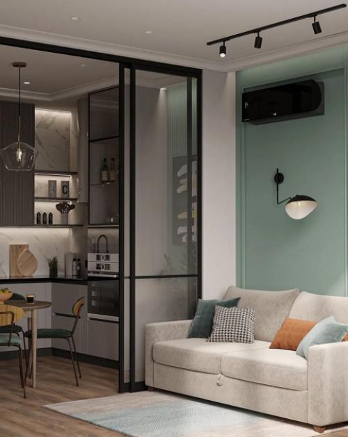 Интерьер кухни, объединенной с гостиной. 02