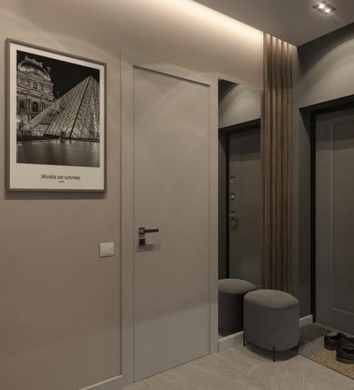 Современный монохромный интерьер кухни - гостиной в квартире для молодой семейной пары. 09