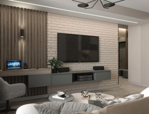 Современный монохромный интерьер кухни - гостиной в квартире для молодой семейной пары. 07