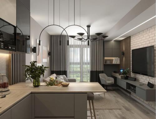 Современный монохромный интерьер кухни - гостиной в квартире для молодой семейной пары. 05