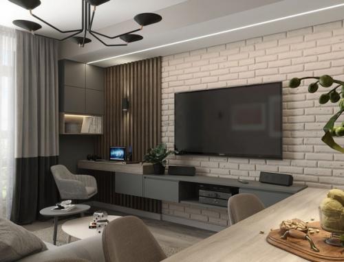 Современный монохромный интерьер кухни - гостиной в квартире для молодой семейной пары. 06