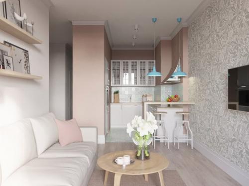 Дизайн этой 1-комнатной квартиры выполнен в бежево - розовых тонах, среди которых встречаются яркие акценты. 03