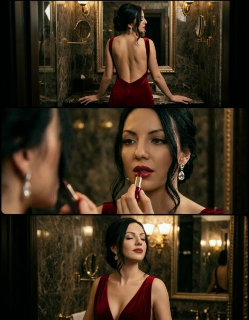 Промпт: 
Не меняй черты лица создай триптих в стиле гламурной фотосессии, вдохновлённый этим референсом.  