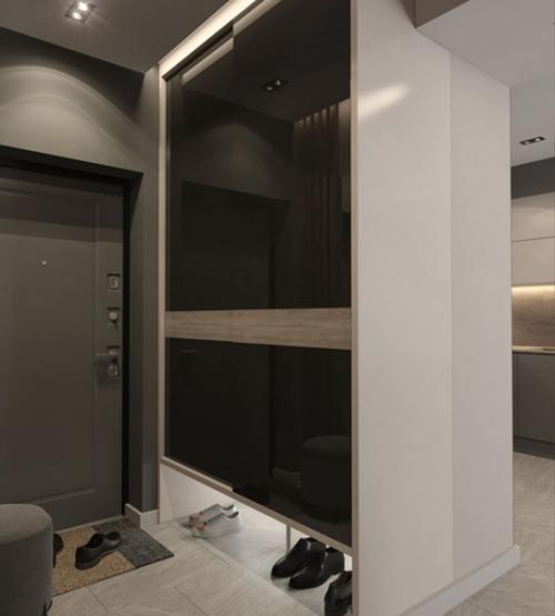 Современный монохромный интерьер кухни - гостиной в квартире для молодой семейной пары. 08